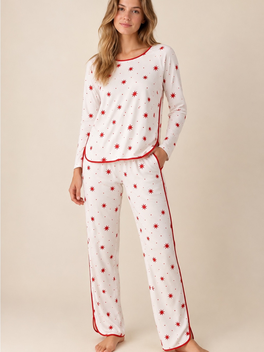 LAKE Pajamas Pima Long-Long Set Red Star Print Size M